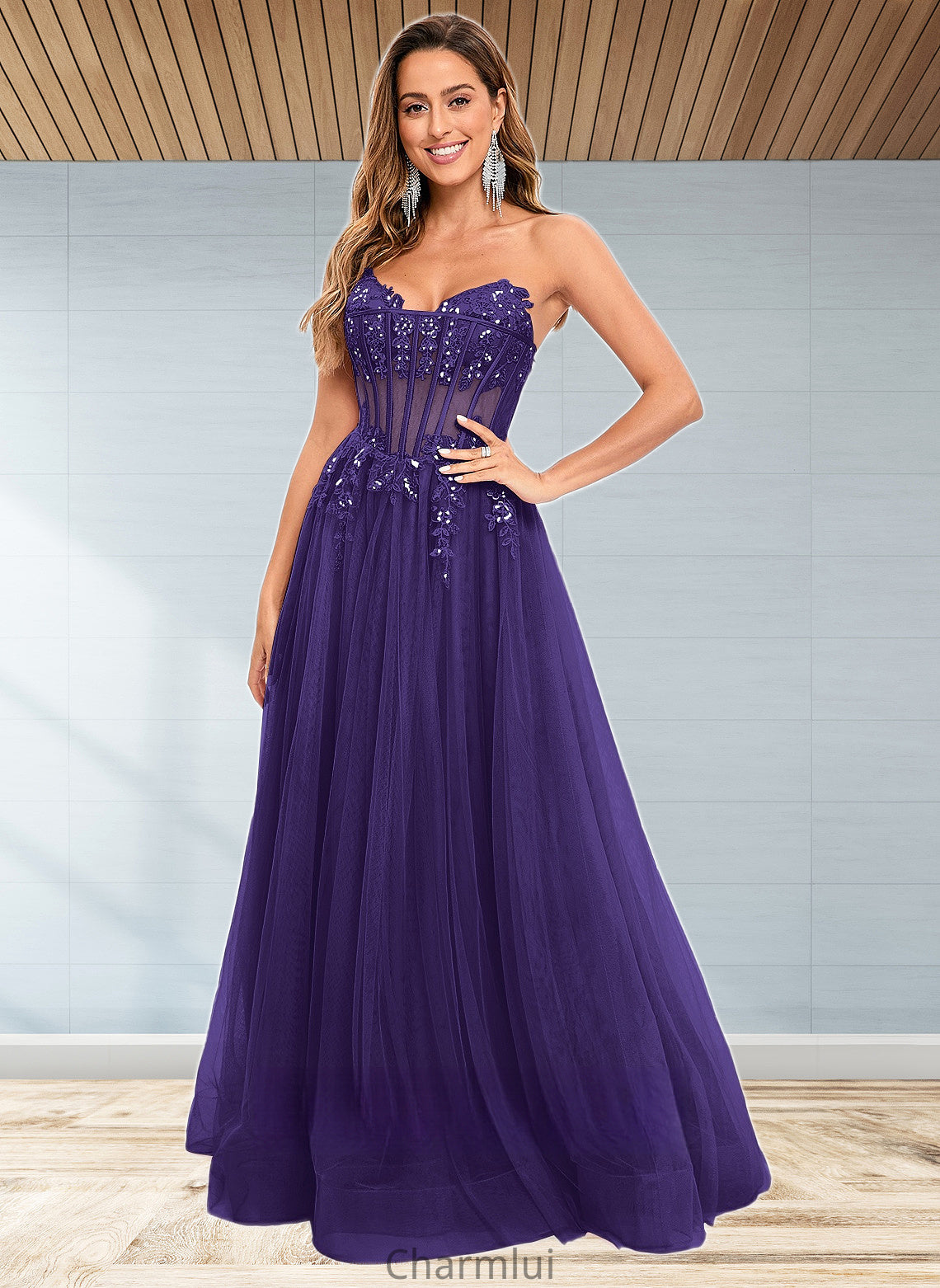 Anahi Ball-Gown/Princess V-Neck Floor-Length Tulle Prom Dresses With Sequins Appliques Lace DYP0025837