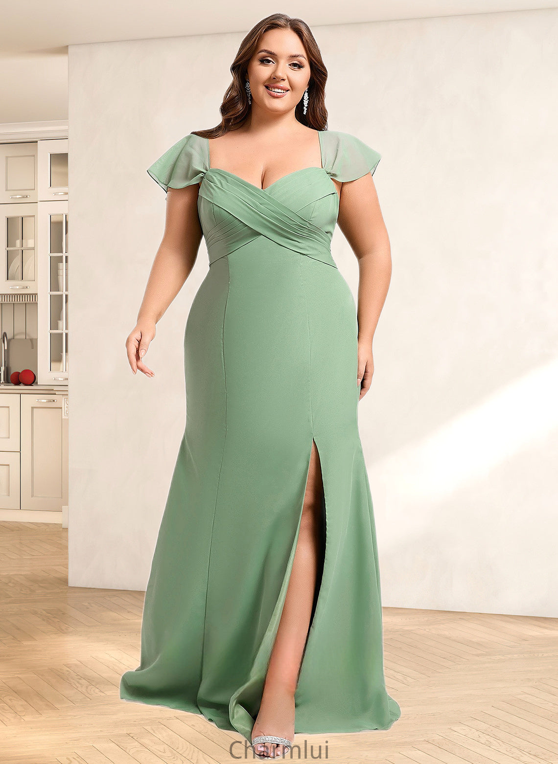 Campbell Trumpet/Mermaid Off the Shoulder V-Neck Floor-Length Chiffon Bridesmaid Dress DYP0025810