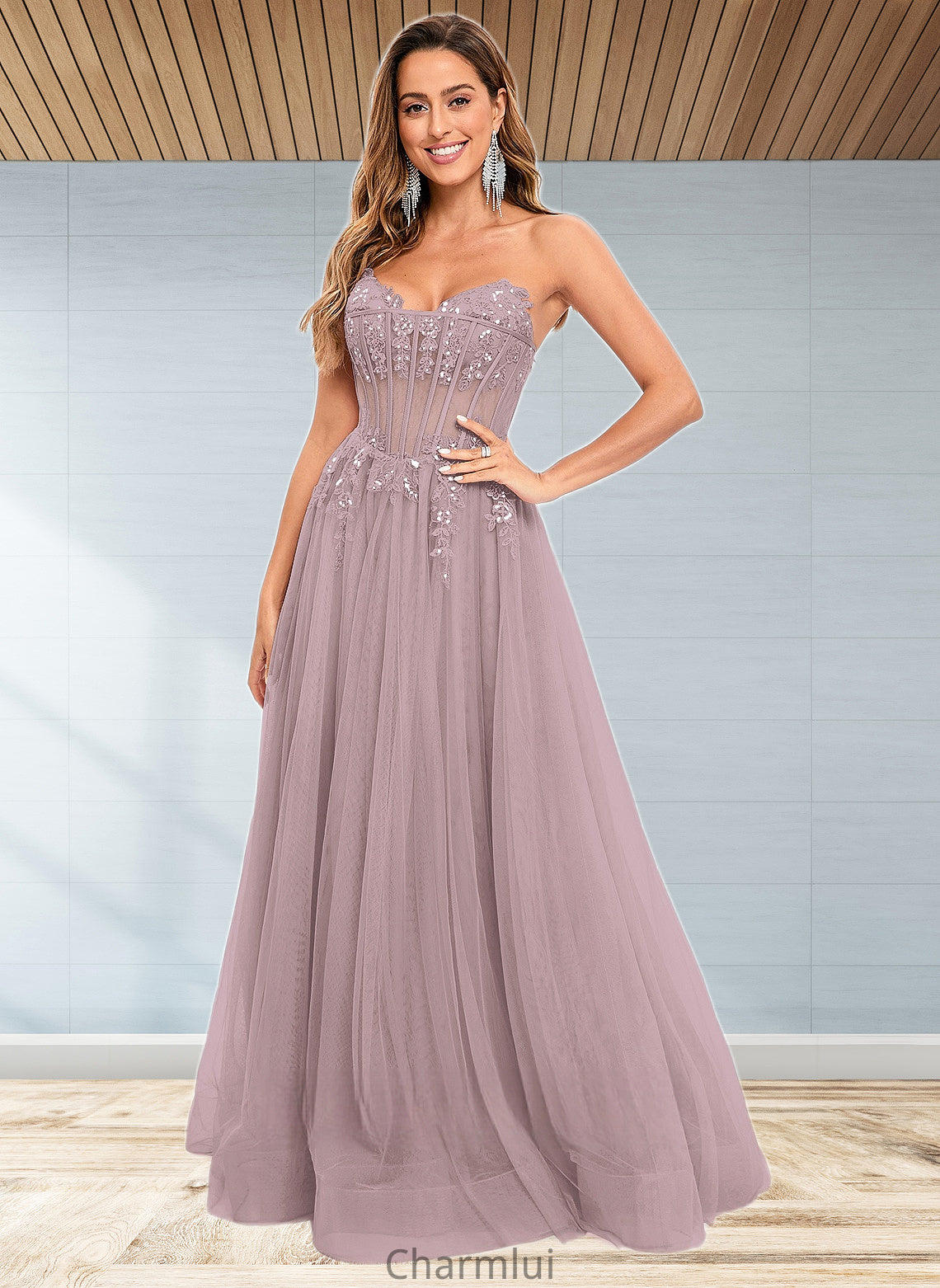 Anahi Ball-Gown/Princess V-Neck Floor-Length Tulle Prom Dresses With Sequins Appliques Lace DYP0025837