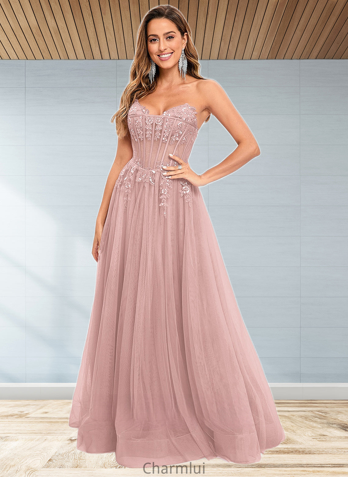 Anahi Ball-Gown/Princess V-Neck Floor-Length Tulle Prom Dresses With Sequins Appliques Lace DYP0025837