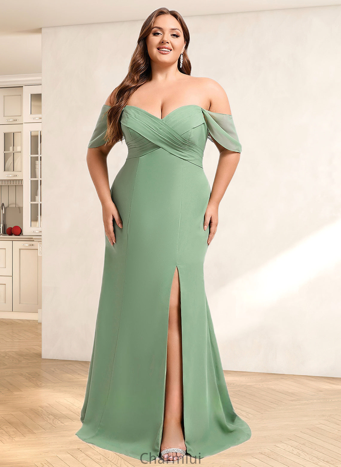 Campbell Trumpet/Mermaid Off the Shoulder V-Neck Floor-Length Chiffon Bridesmaid Dress DYP0025810