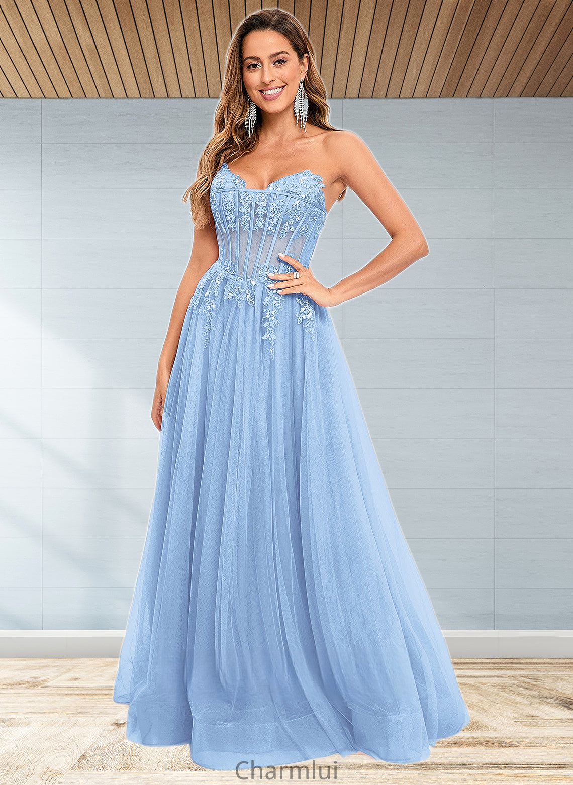 Anahi Ball-Gown/Princess V-Neck Floor-Length Tulle Prom Dresses With Sequins Appliques Lace DYP0025837