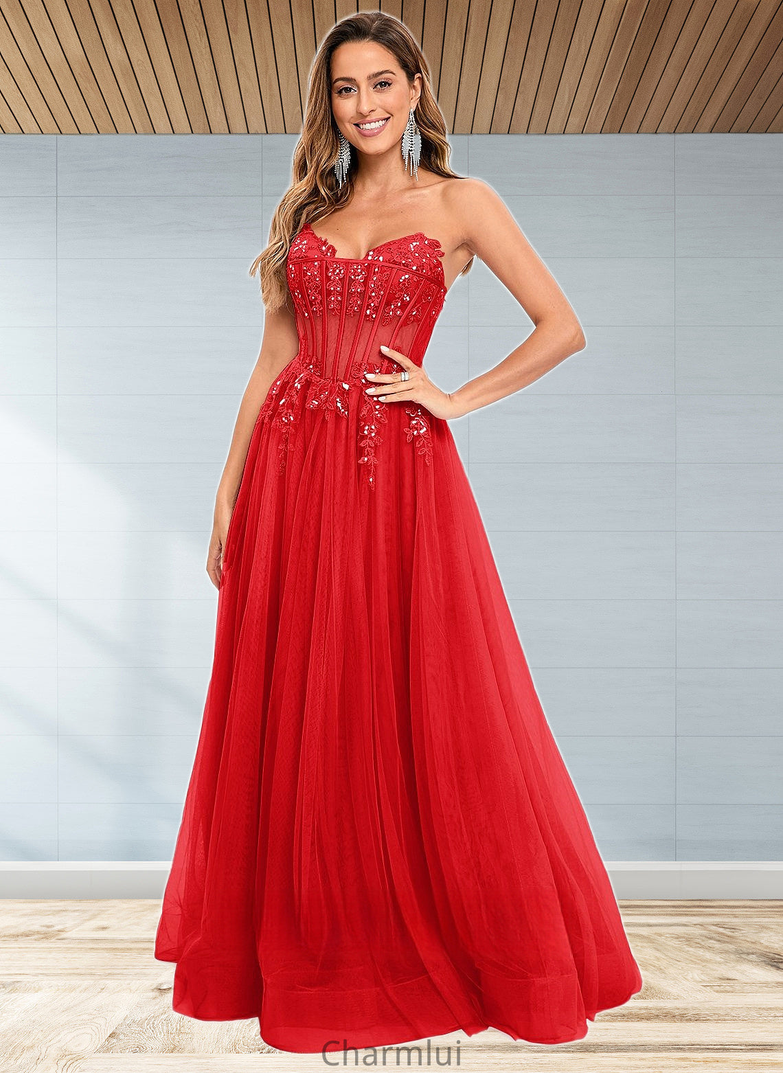 Anahi Ball-Gown/Princess V-Neck Floor-Length Tulle Prom Dresses With Sequins Appliques Lace DYP0025837