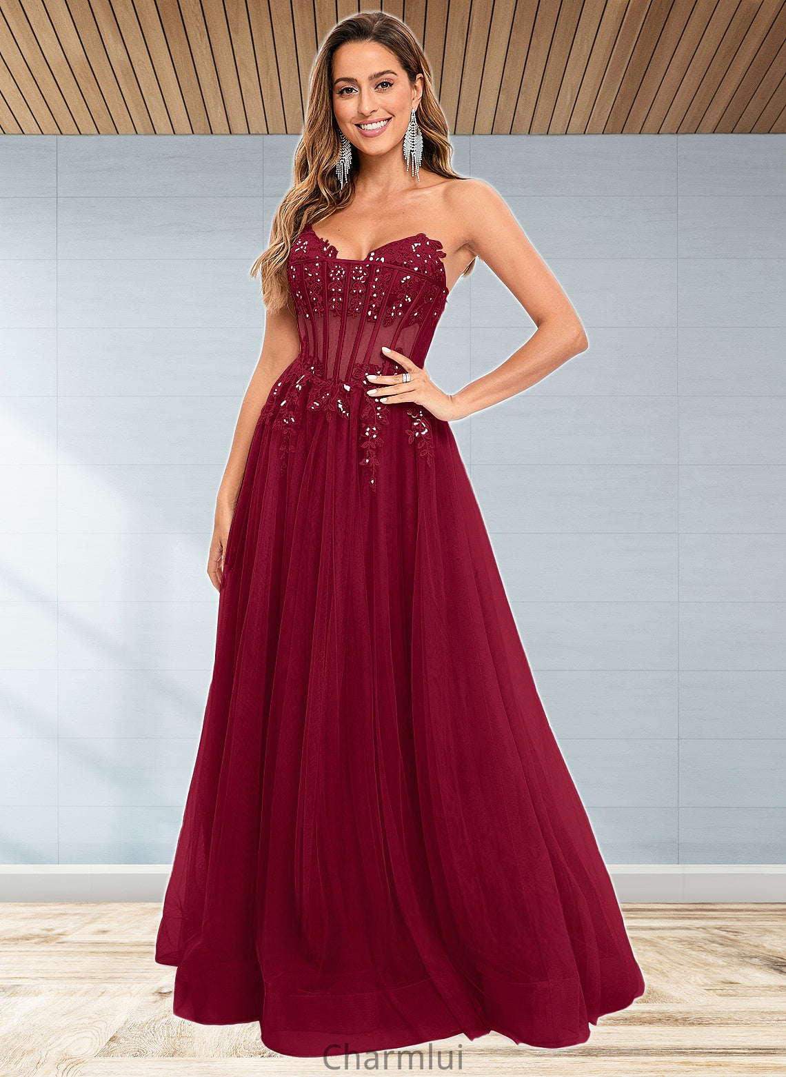 Anahi Ball-Gown/Princess V-Neck Floor-Length Tulle Prom Dresses With Sequins Appliques Lace DYP0025837