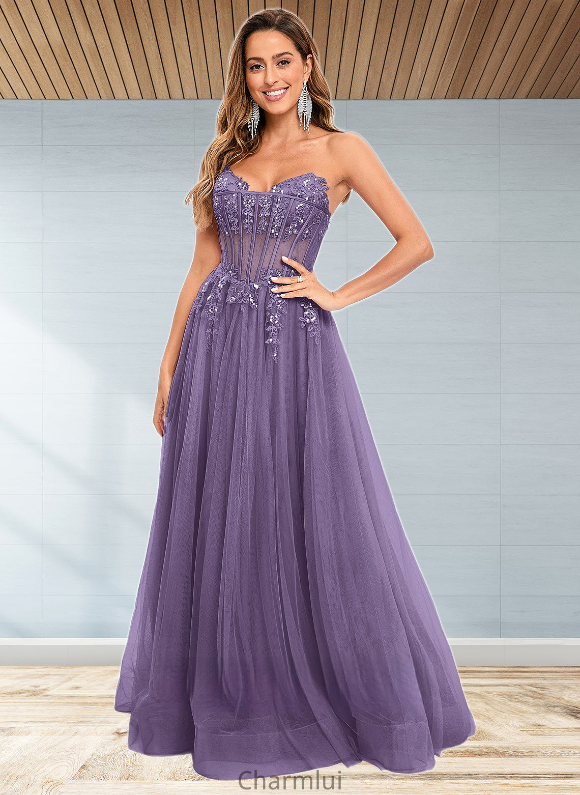 Anahi Ball-Gown/Princess V-Neck Floor-Length Tulle Prom Dresses With Sequins Appliques Lace DYP0025837