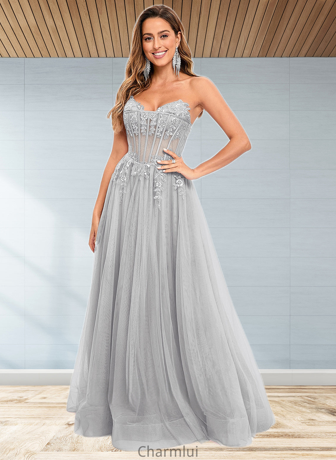 Anahi Ball-Gown/Princess V-Neck Floor-Length Tulle Prom Dresses With Sequins Appliques Lace DYP0025837