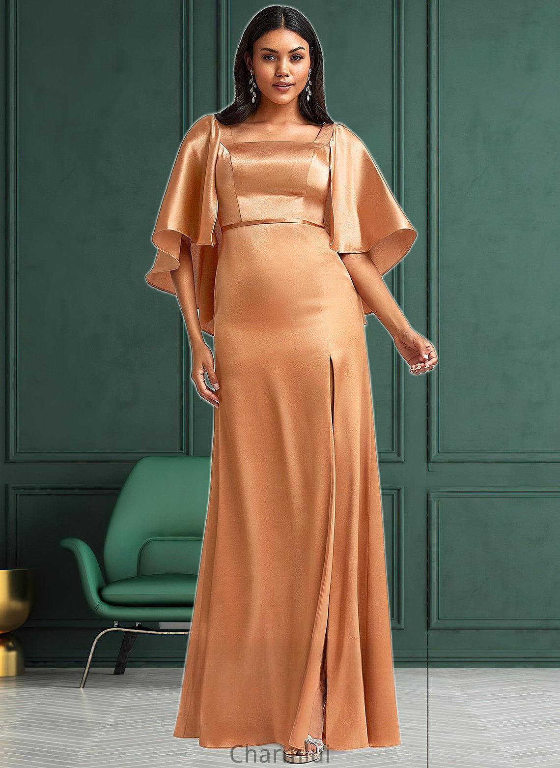 Maci A-line Square Floor-Length Stretch Satin Bridesmaid Dress DYP0025765