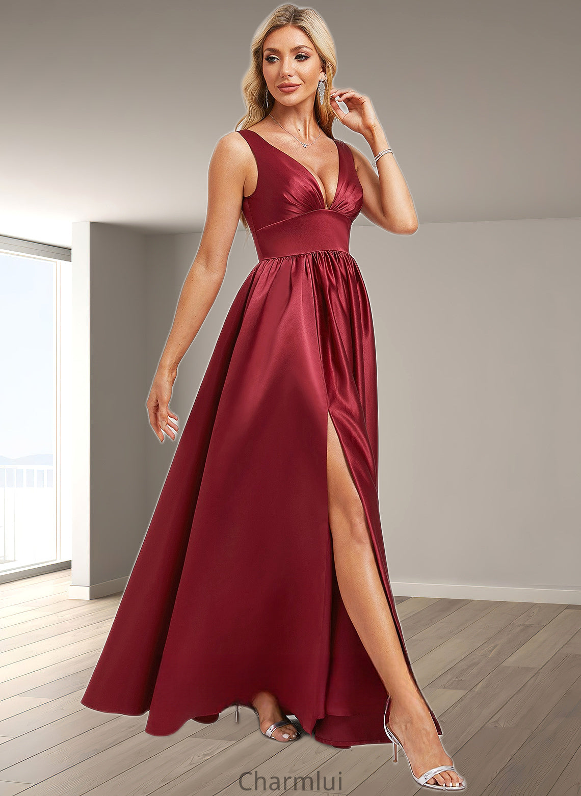 Alia A-line V-Neck Floor-Length Satin Bridesmaid Dress DYP0025775