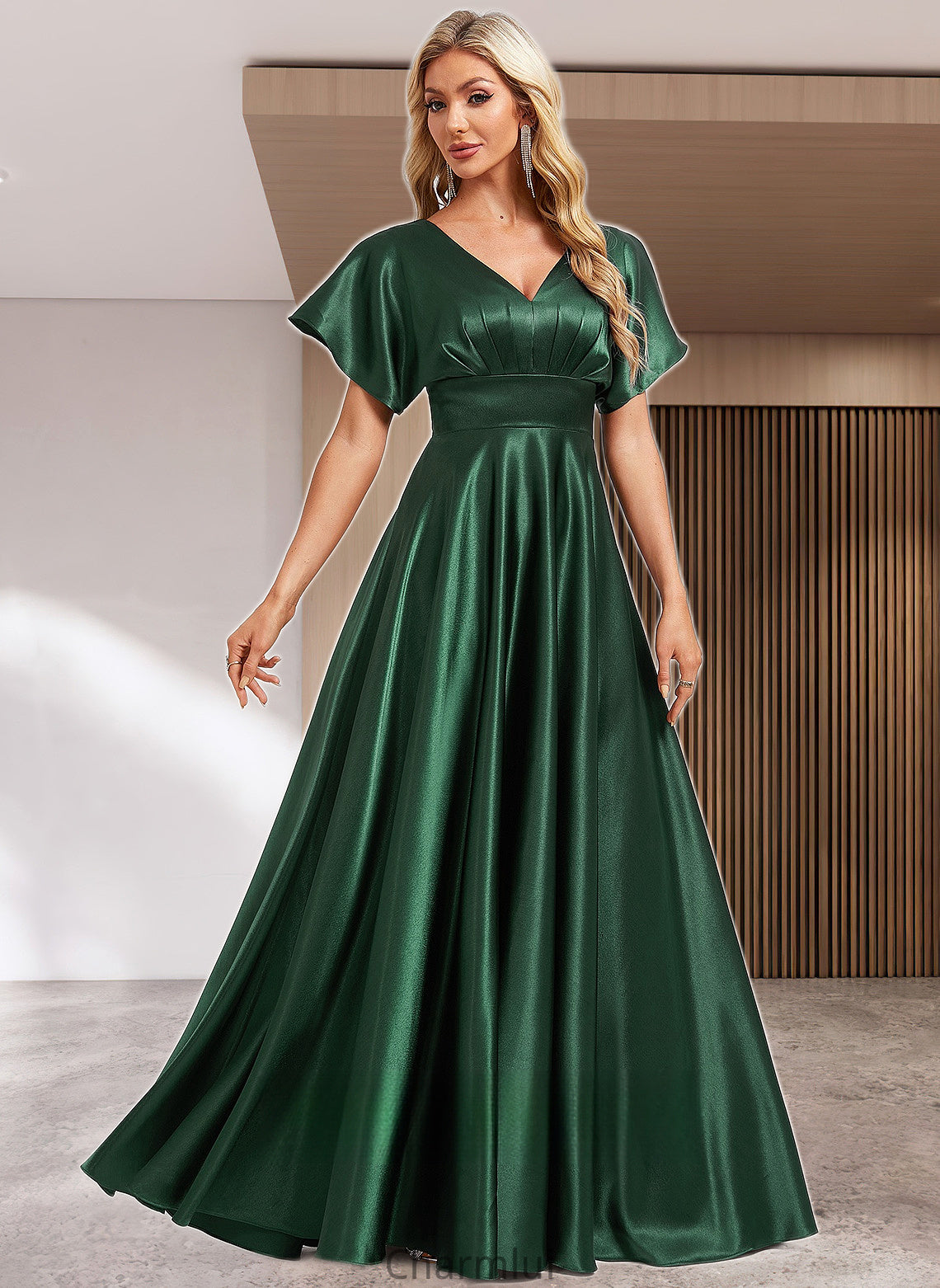 Rubi A-line V-Neck Floor-Length Stretch Satin Bridesmaid Dress DYP0025782