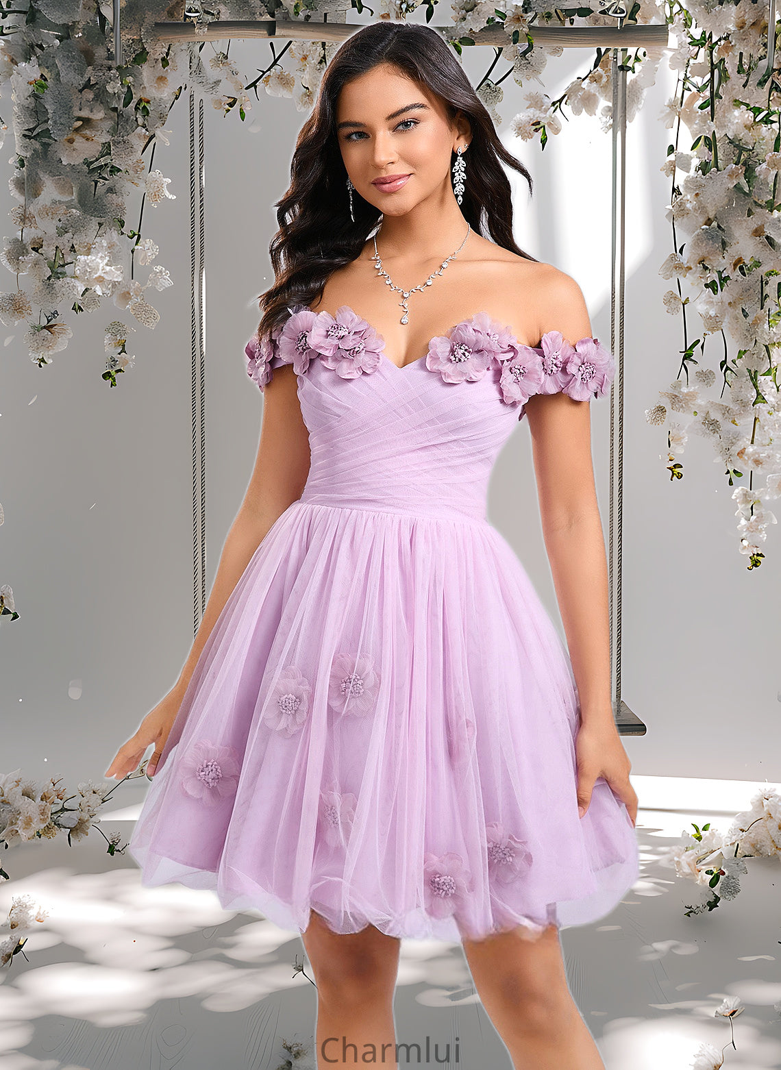 Deja Ball-Gown/Princess Off the Shoulder Short Tulle Homecoming Dress With Pleated Flower DYP0025668