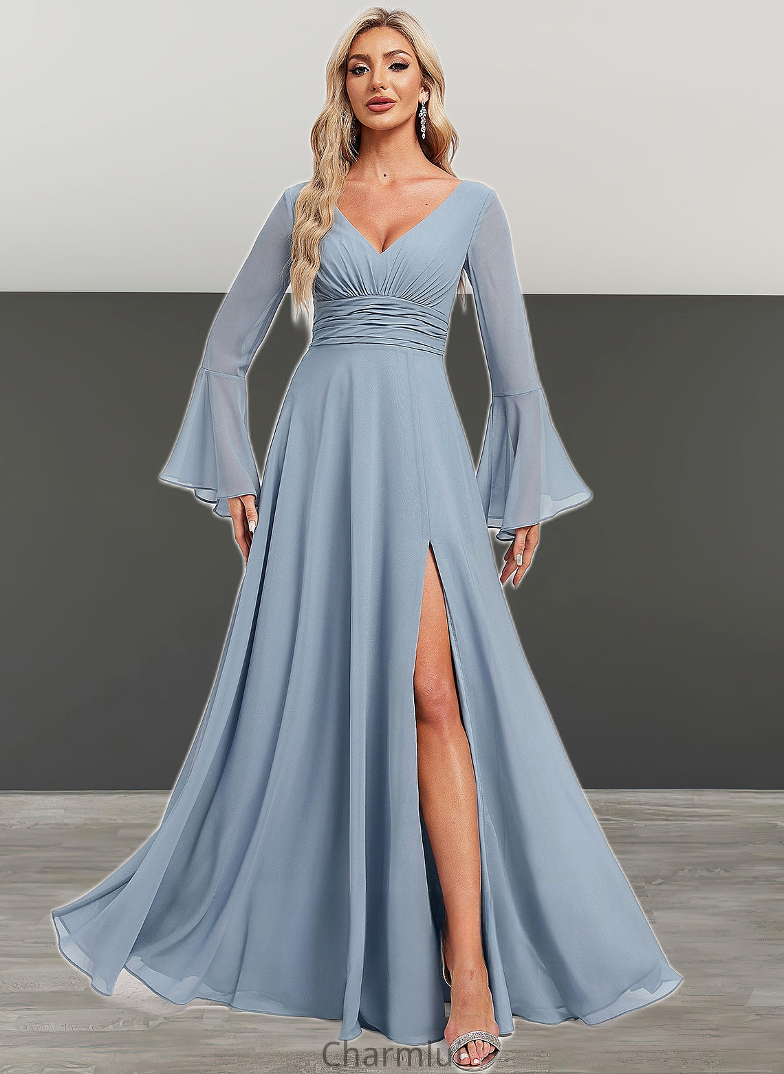 Quinn A-line V-Neck Floor-Length Chiffon Bridesmaid Dress DYP0025798