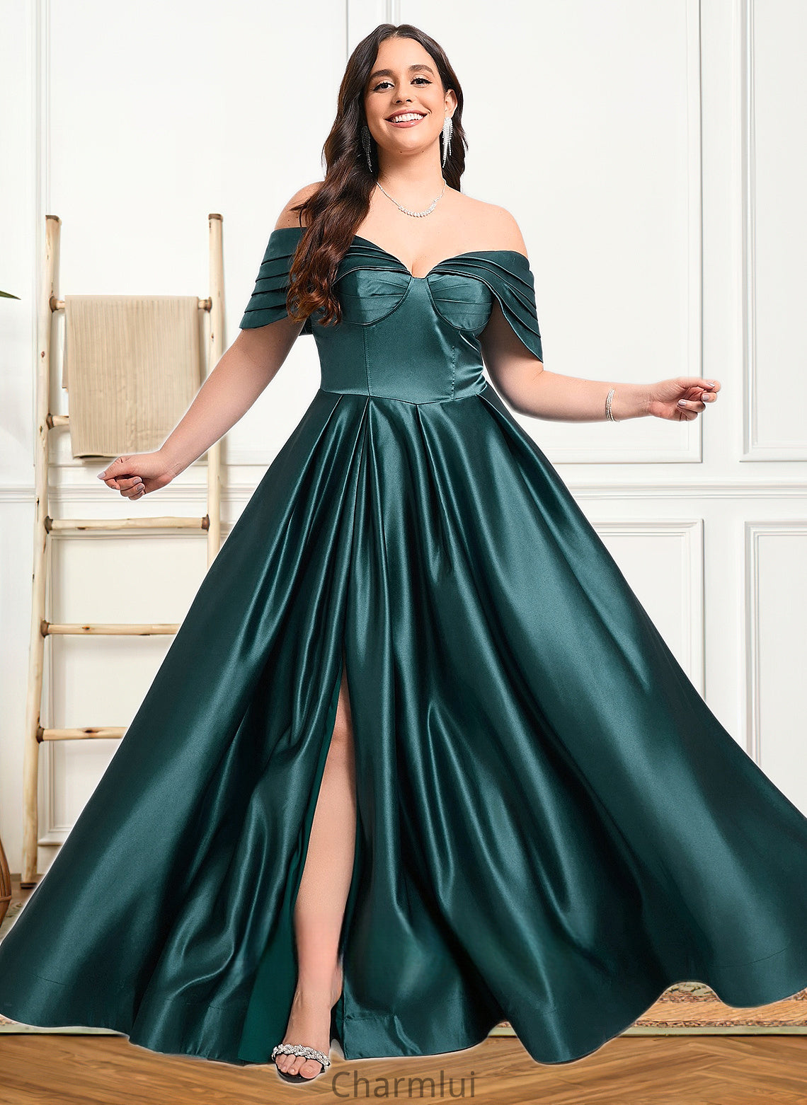 Jacey A-line Off the Shoulder Floor-Length Satin Prom Dresses With Pleated DYP0025851