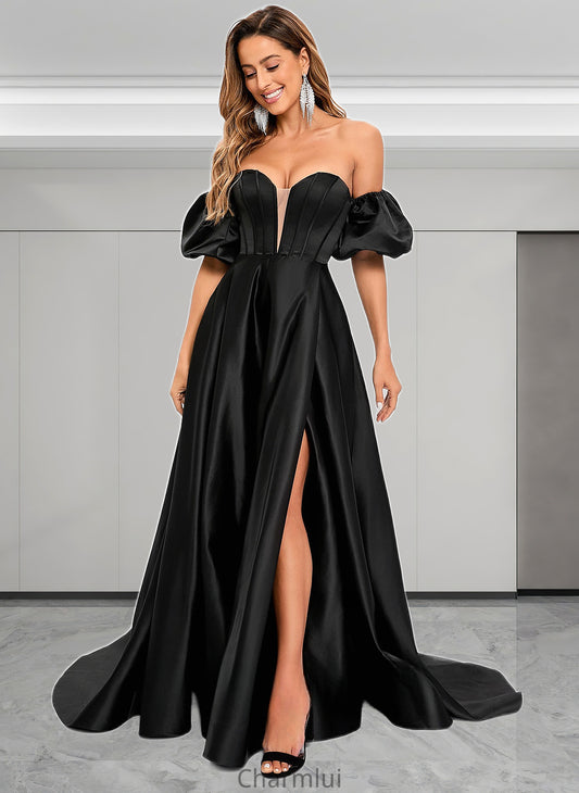 Iyana A-line V-Neck Sweep Train Satin Prom Dresses DYP0025842