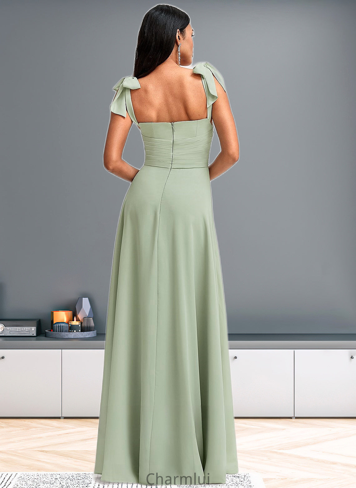 Rylee A-line Cowl Floor-Length Chiffon Bridesmaid Dress With Bow DYP0025738