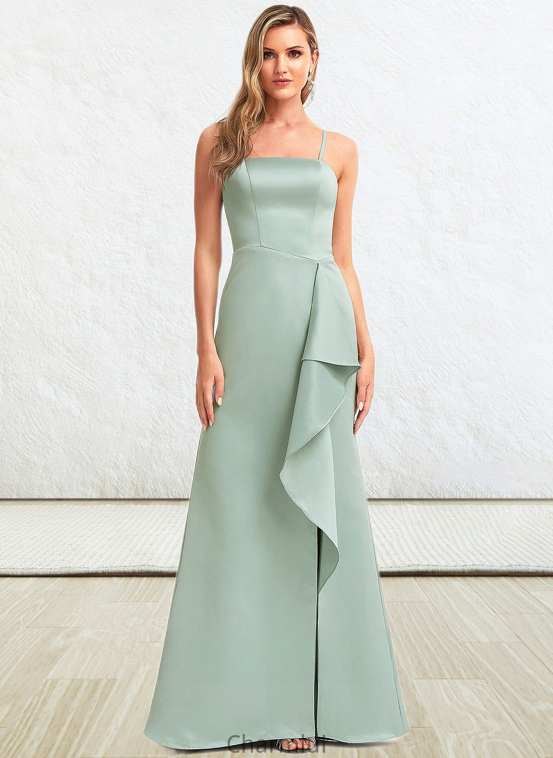 Marcie A-line Square Floor-Length Satin Bridesmaid Dress With Ruffle DYP0025736