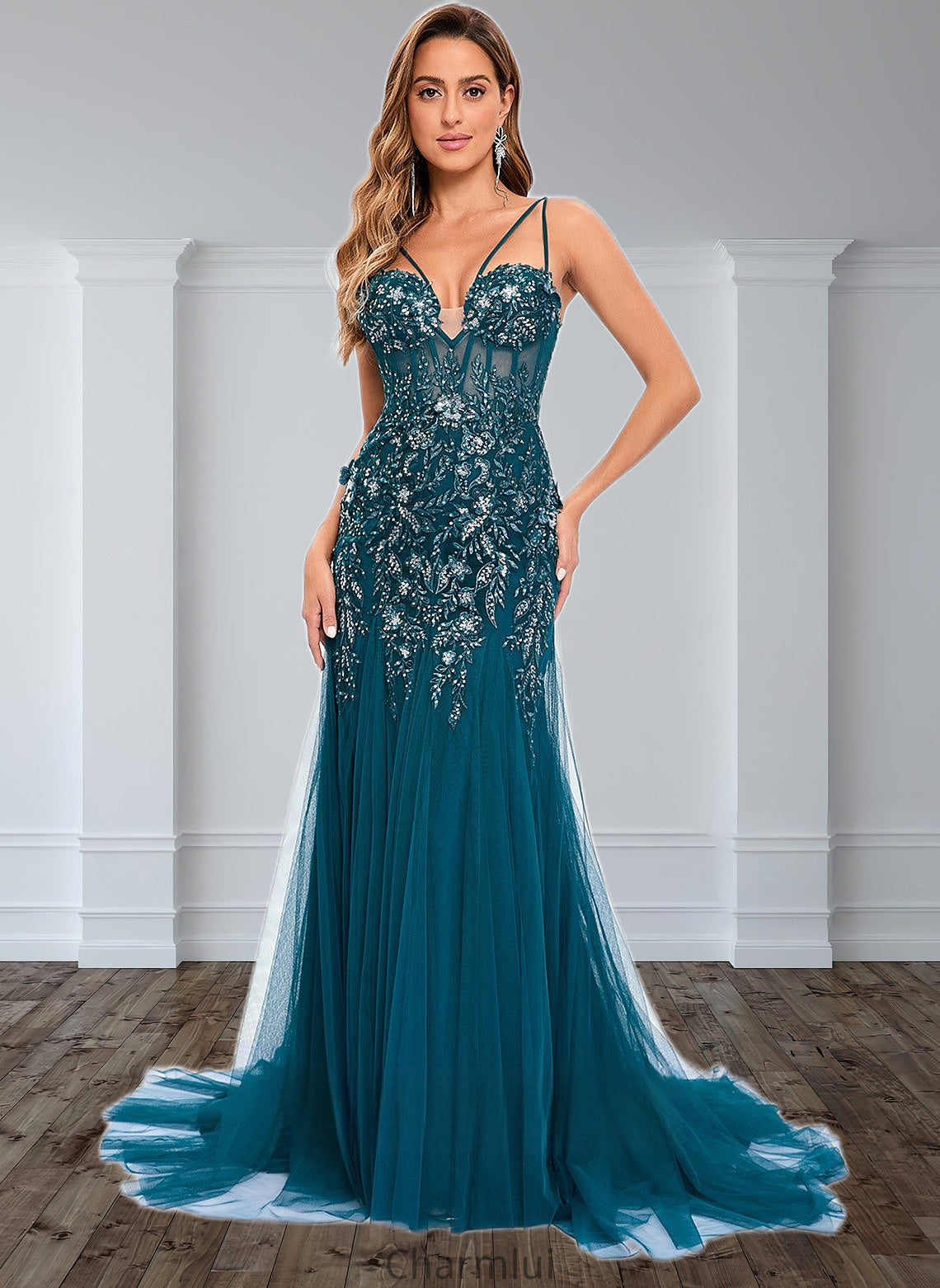 Charlee Trumpet/Mermaid V-Neck Sweep Train Tulle Prom Dresses With Sequins Appliques Lace DYP0025853