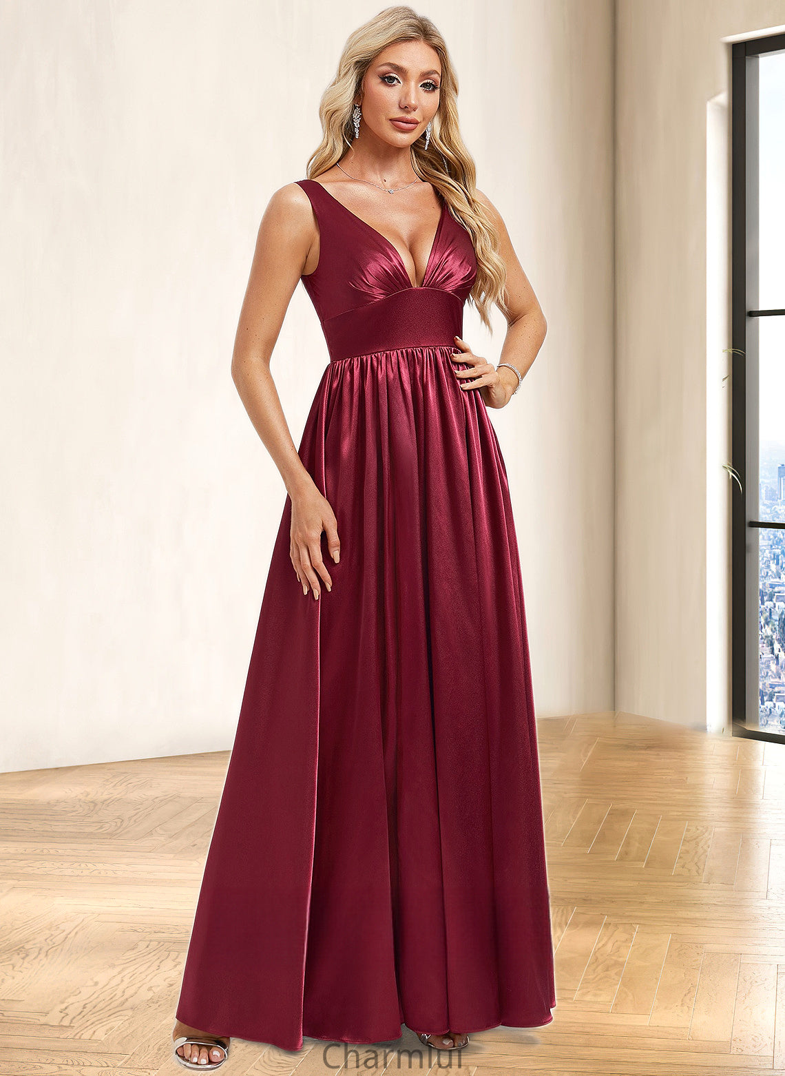 Araceli A-line V-Neck Floor-Length Stretch Satin Bridesmaid Dress DYP0025771