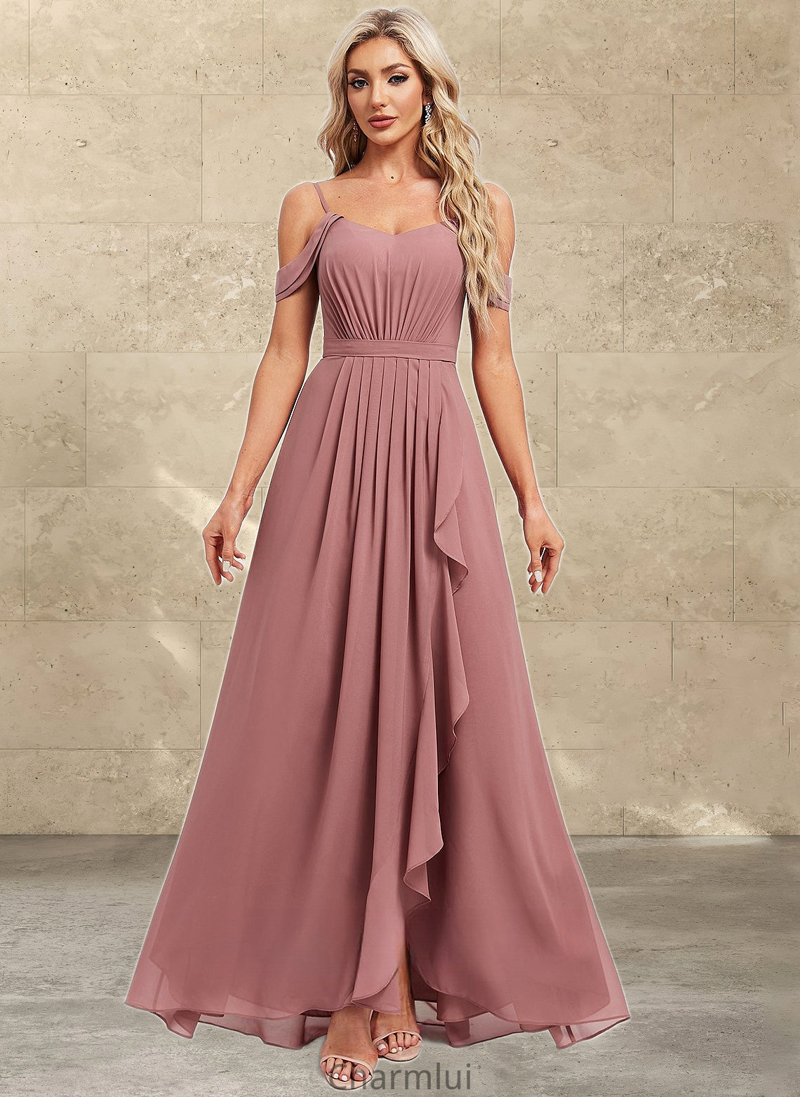 Carly A-line Cold Shoulder Asymmetrical Chiffon Bridesmaid Dress DYP0025823