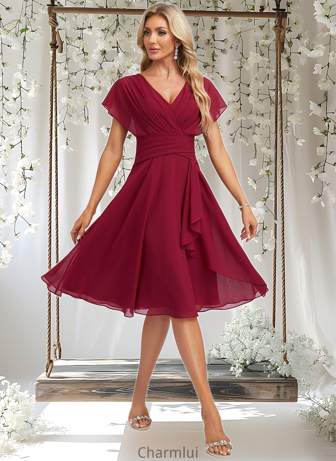 Georgia A-line V-Neck Knee-Length Chiffon Homecoming Dress With Ruffle DYP0025716