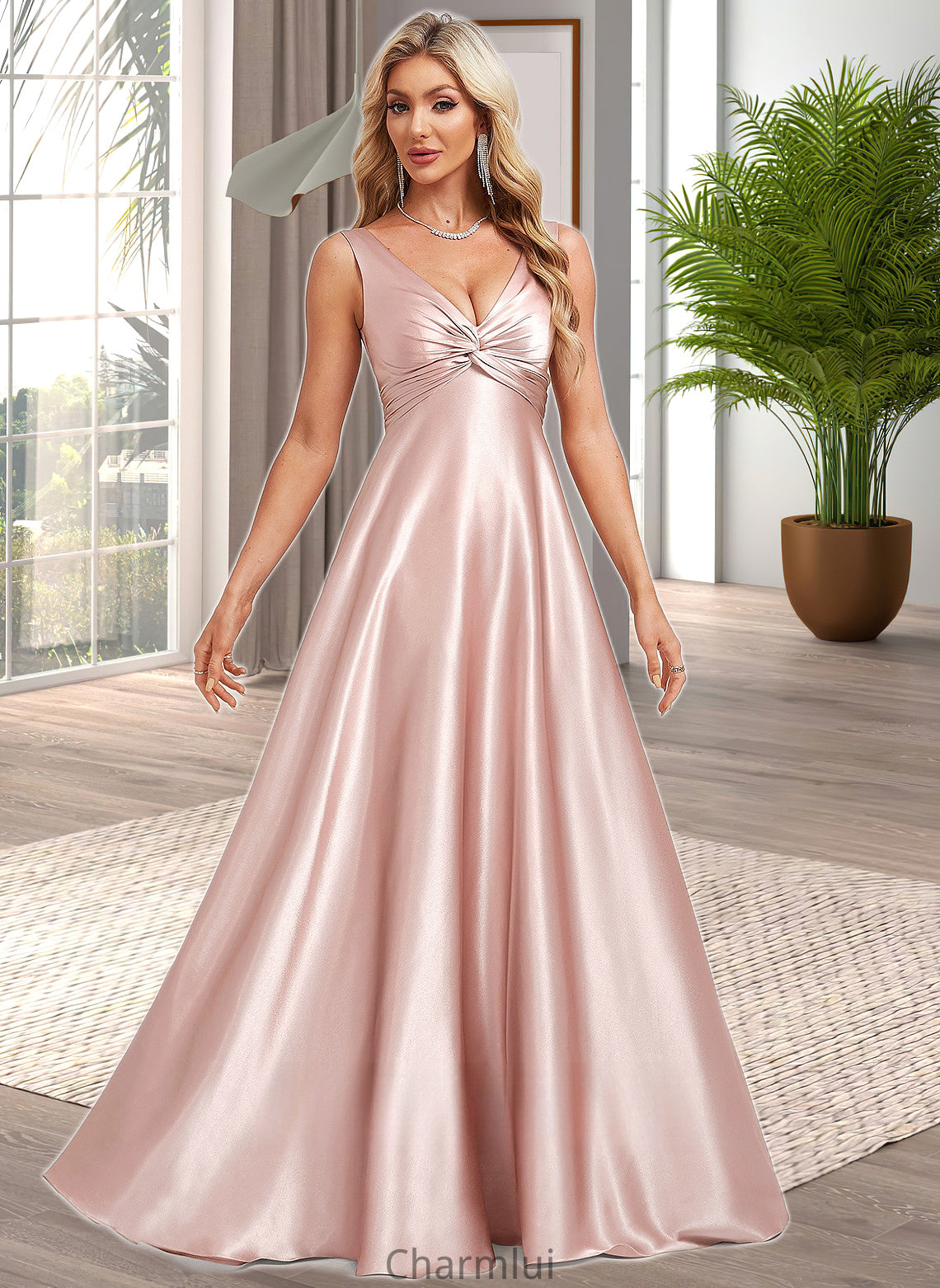 Ainsley A-line V-Neck Floor-Length Stretch Satin Bridesmaid Dress DYP0025779