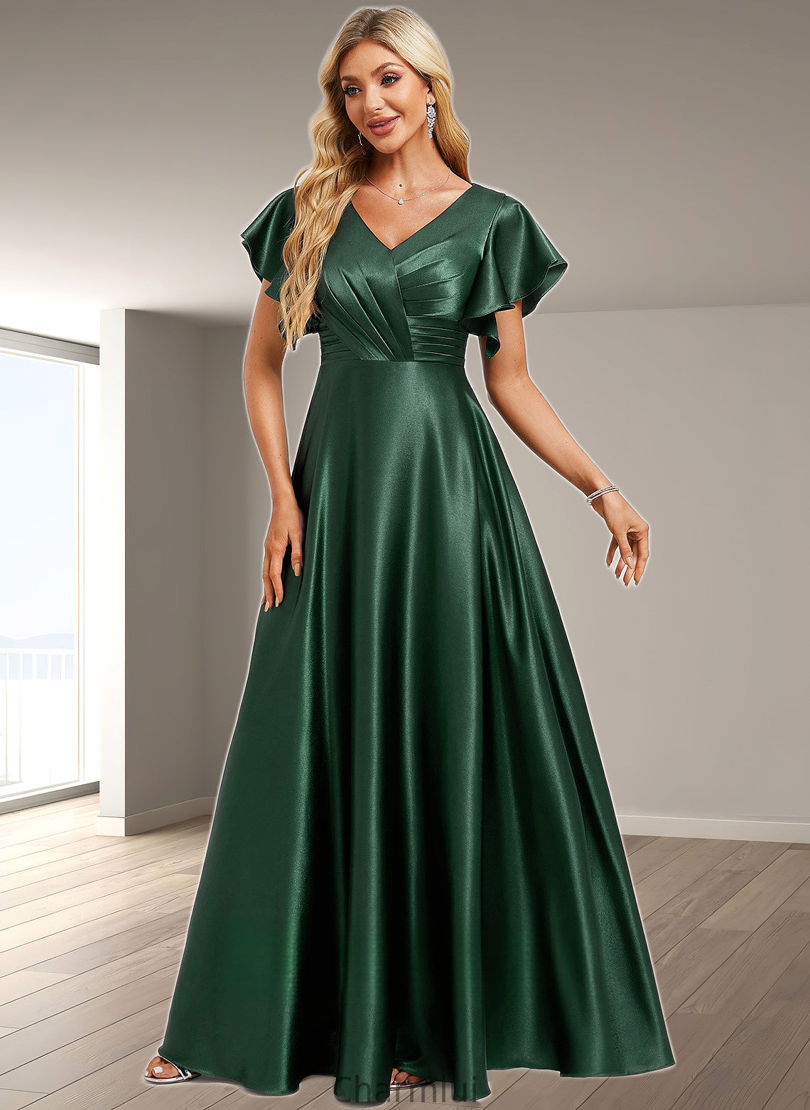 Ashley A-line V-Neck Floor-Length Stretch Satin Bridesmaid Dress With Ruffle DYP0025773