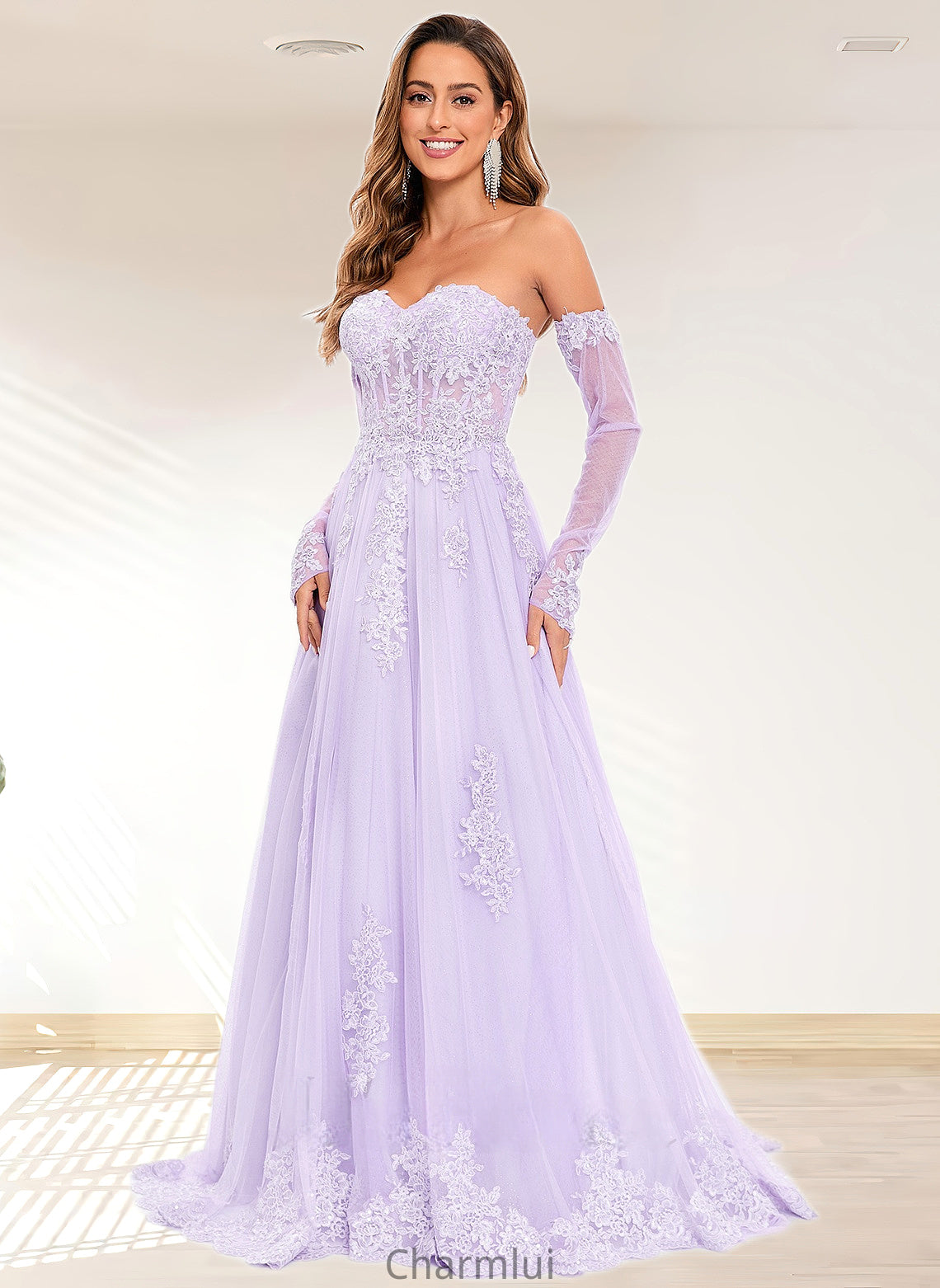 Deborah A-line Sweetheart Sweep Train Tulle Prom Dresses With Sequins Appliques Lace DYP0025856