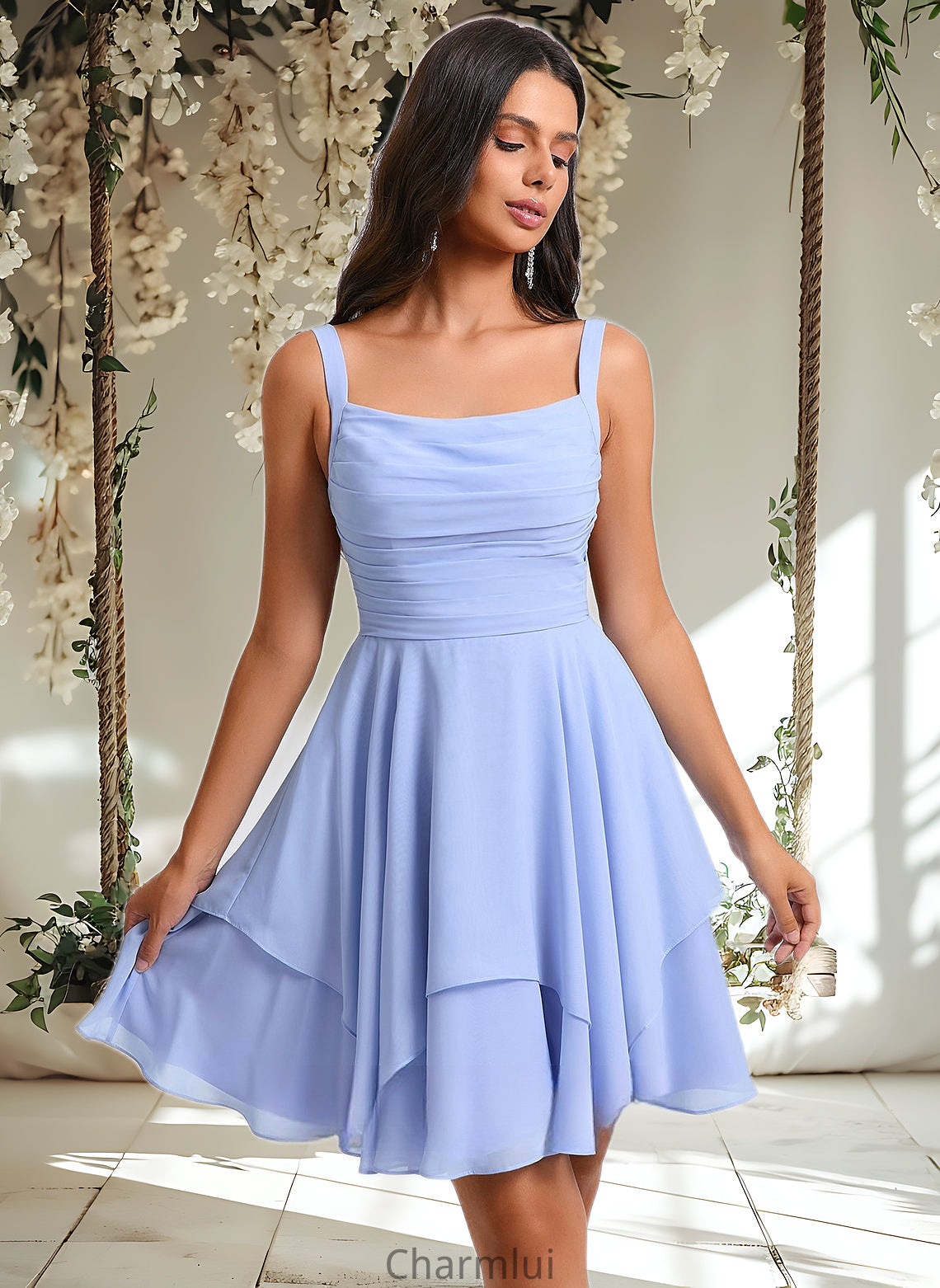 Irene A-line Scoop Short Chiffon Homecoming Dress With Pleated DYP0025654