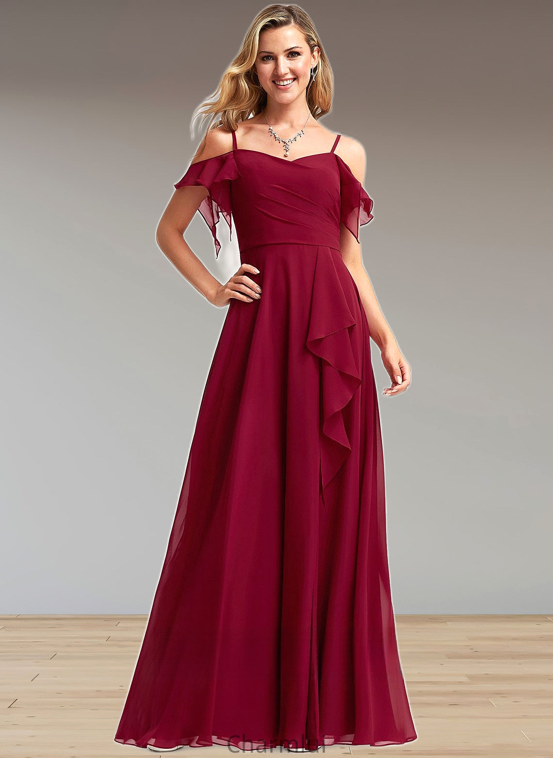 Gracelyn A-line Cold Shoulder Floor-Length Chiffon Bridesmaid Dress With Ruffle DYP0025755