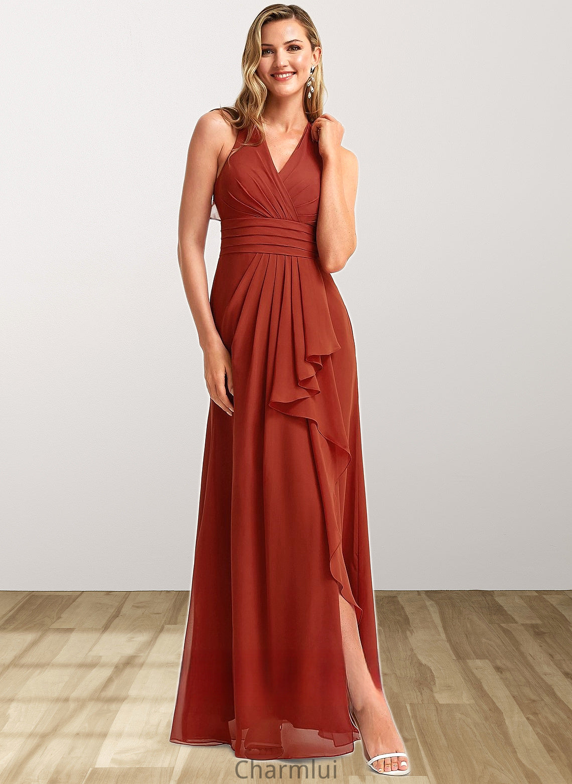 Rebecca A-line V-Neck Floor-Length Chiffon Bridesmaid Dress With Ruffle DYP0025754