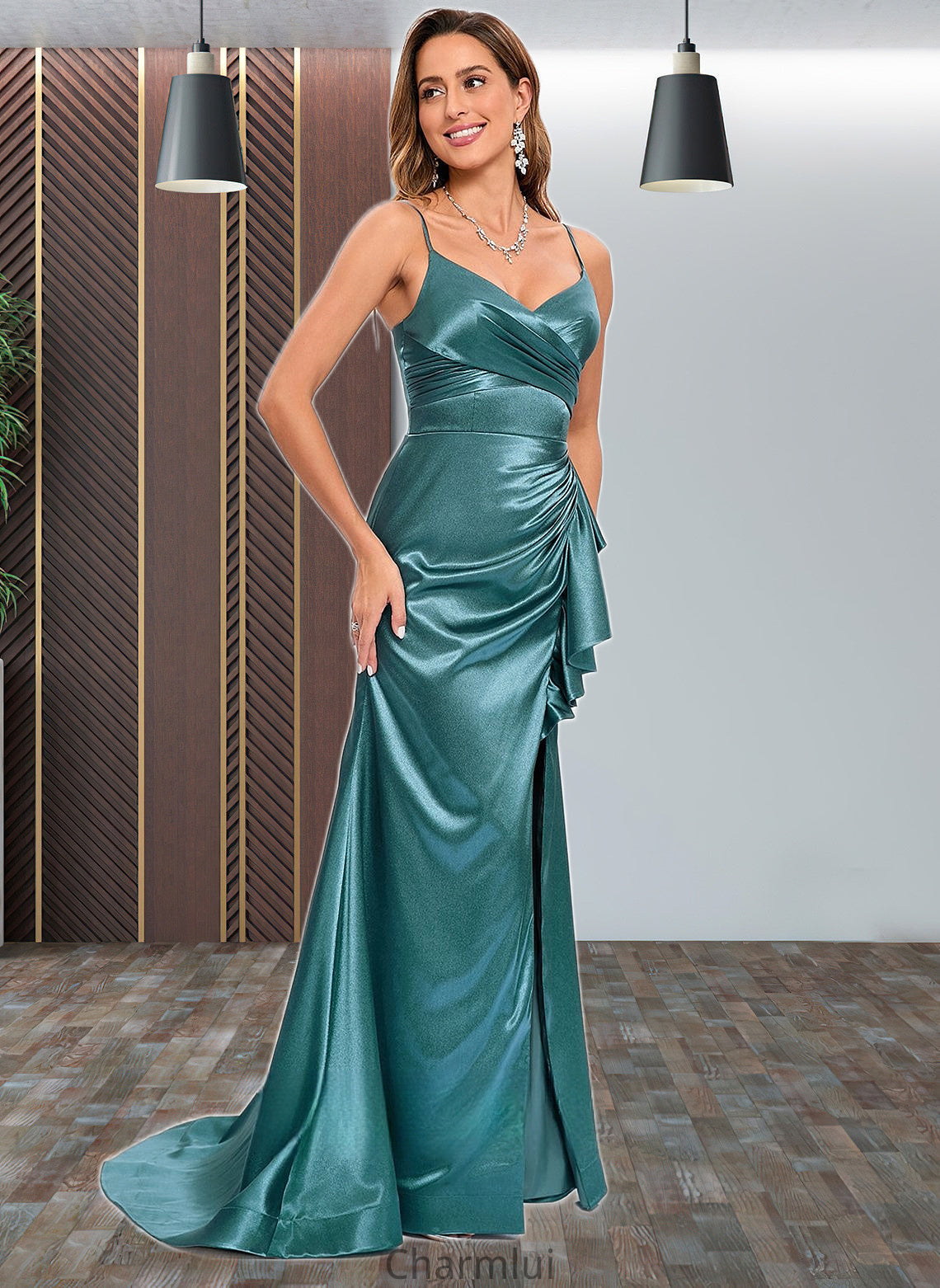 Alisa Trumpet/Mermaid V-Neck Sweep Train Stretch Satin Prom Dresses DYP0025855