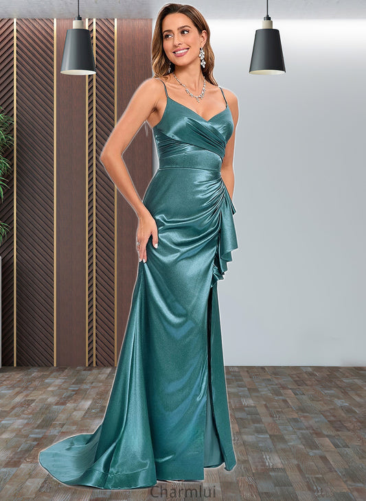 Alisa Trumpet/Mermaid V-Neck Sweep Train Stretch Satin Prom Dresses DYP0025855