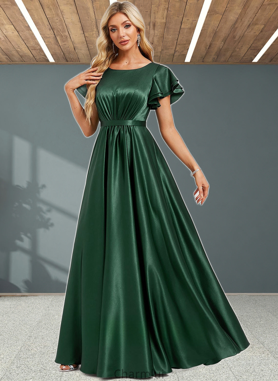 Alivia A-line Scoop Floor-Length Stretch Satin Bridesmaid Dress With Ruffle DYP0025770