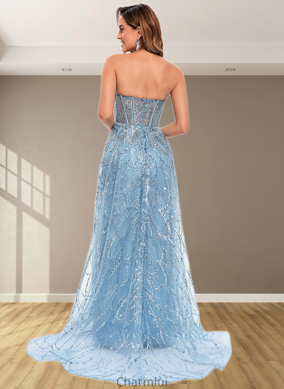 Marina Sheath/Column Sweetheart Sweep Train Sequin Tulle Prom Dresses With Sequins DYP0025860