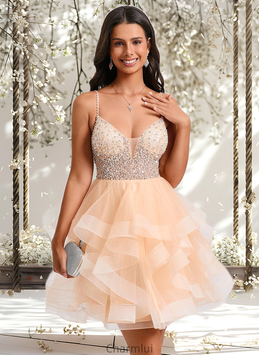 Kaydence Ball-Gown/Princess V-Neck Short Tulle Homecoming Dress With Beading Sequins DYP0025646