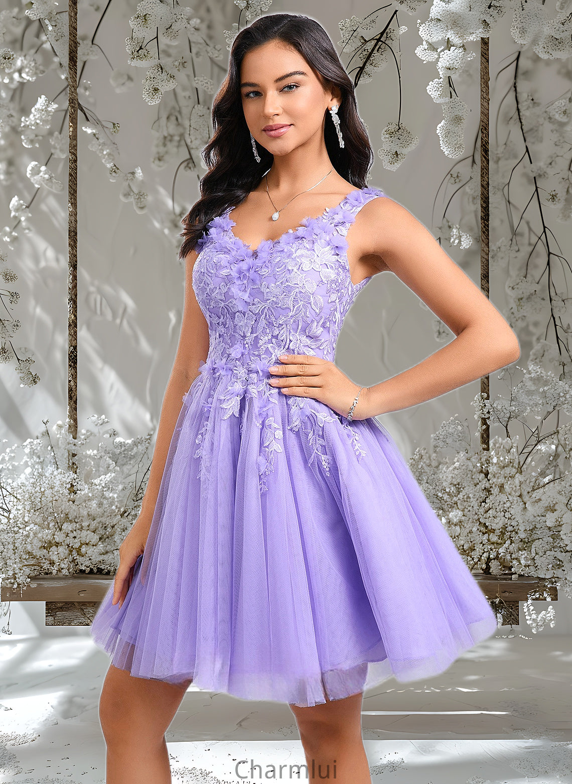 Everly Ball-Gown/Princess V-Neck Short Lace Tulle Homecoming Dress With Flower DYP0025656