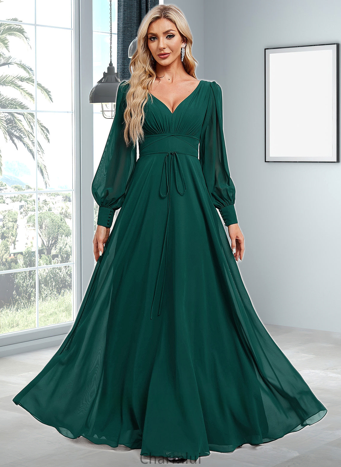 Angelina A-line V-Neck Floor-Length Chiffon Bridesmaid Dress DYP0025816