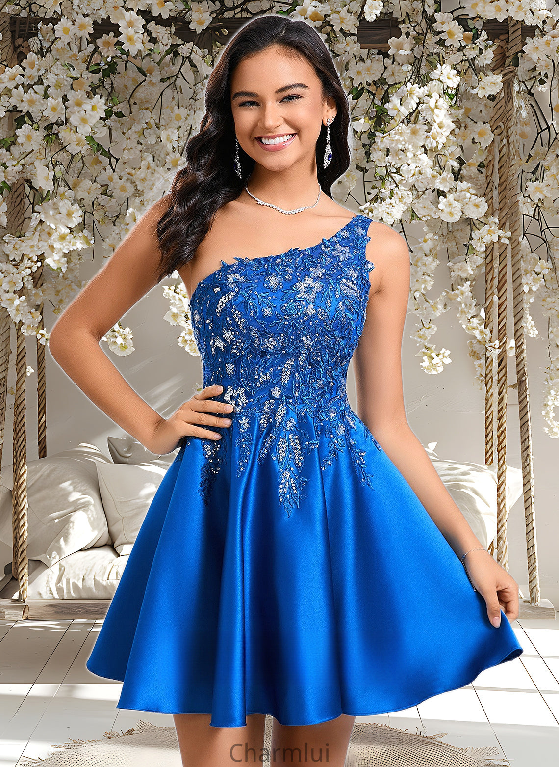 Logan A-line One Shoulder Short Satin Homecoming Dress With Appliques Lace Sequins DYP0025657