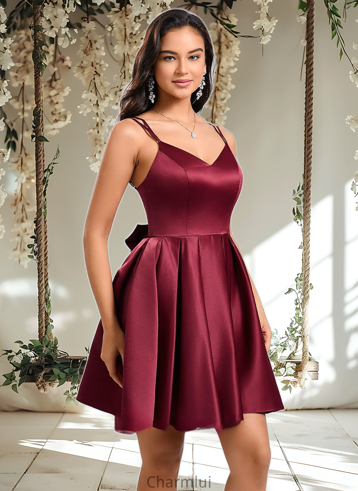 Noemi Ball-Gown/Princess V-Neck Short Satin Homecoming Dress With Bow DYP0025662