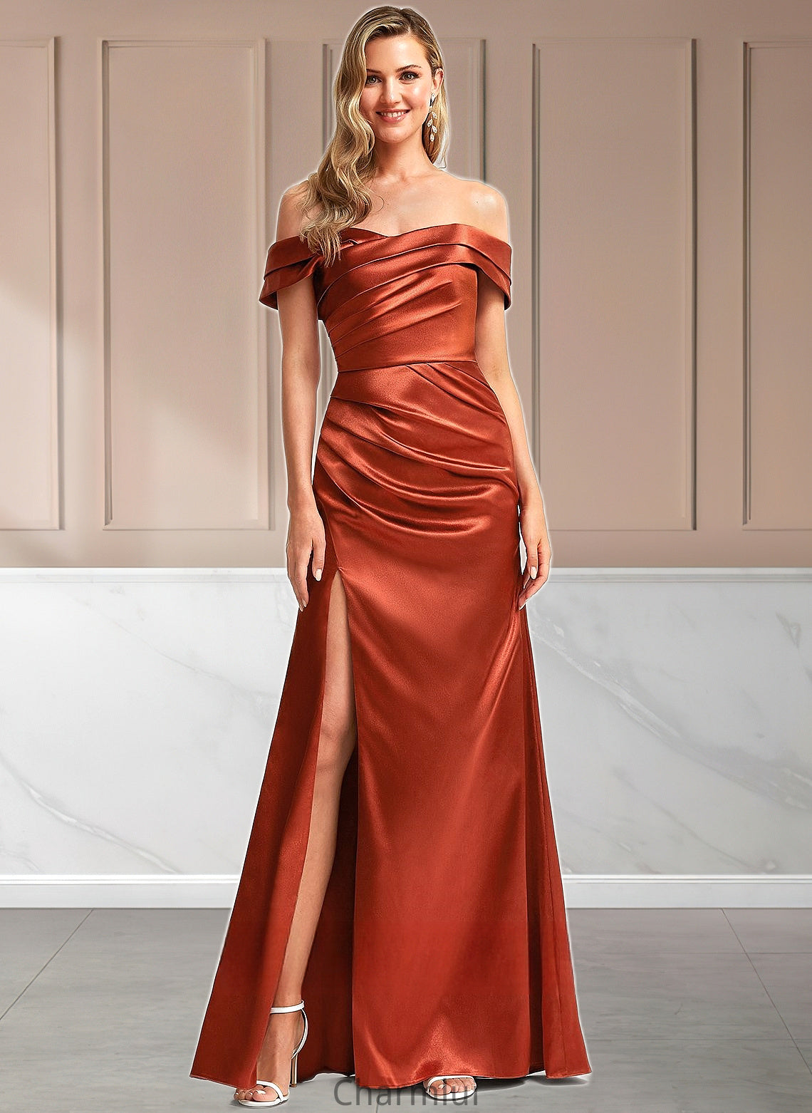 Jasmin A-line Off the Shoulder Floor-Length Stretch Satin Bridesmaid Dress DYP0025757