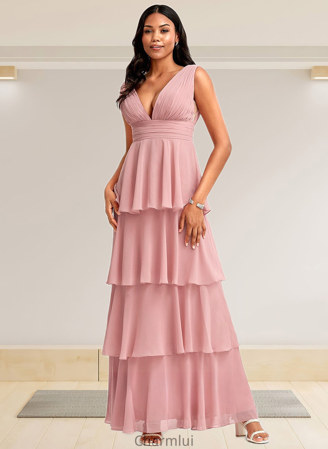 Aubrie A-line V-Neck Floor-Length Chiffon Bridesmaid Dress DYP0025749