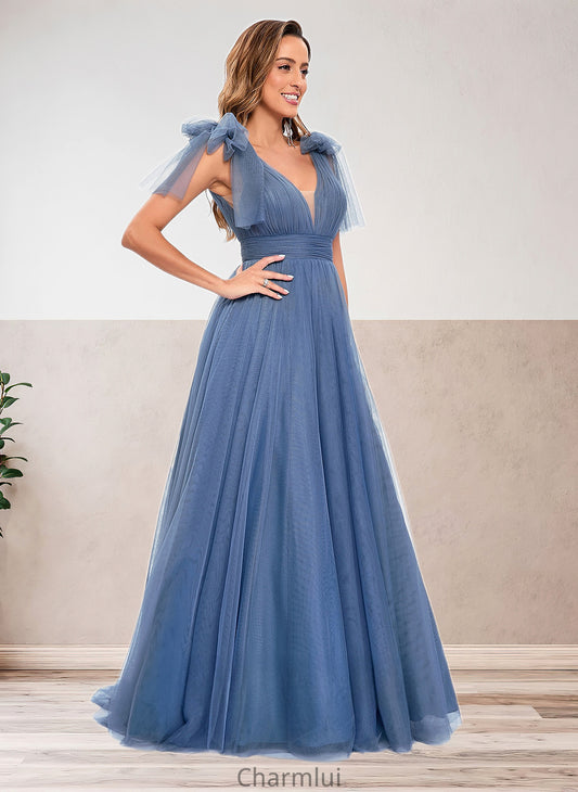 Scarlett A-line V-Neck Sweep Train Tulle Prom Dresses With Bow DYP0025854