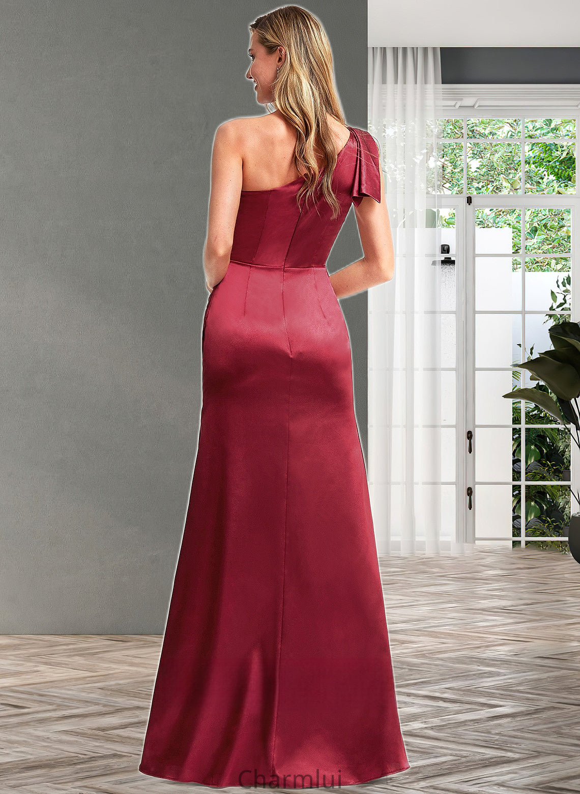 Jayden A-line One Shoulder Floor-Length Stretch Satin Bridesmaid Dress With Bow DYP0025758