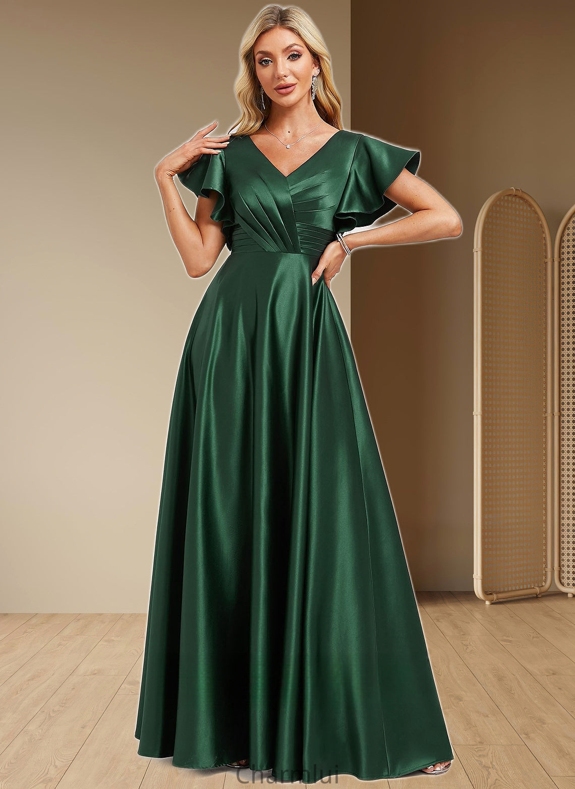 Marisa A-line V-Neck Floor-Length Satin Bridesmaid Dress With Ruffle DYP0025777