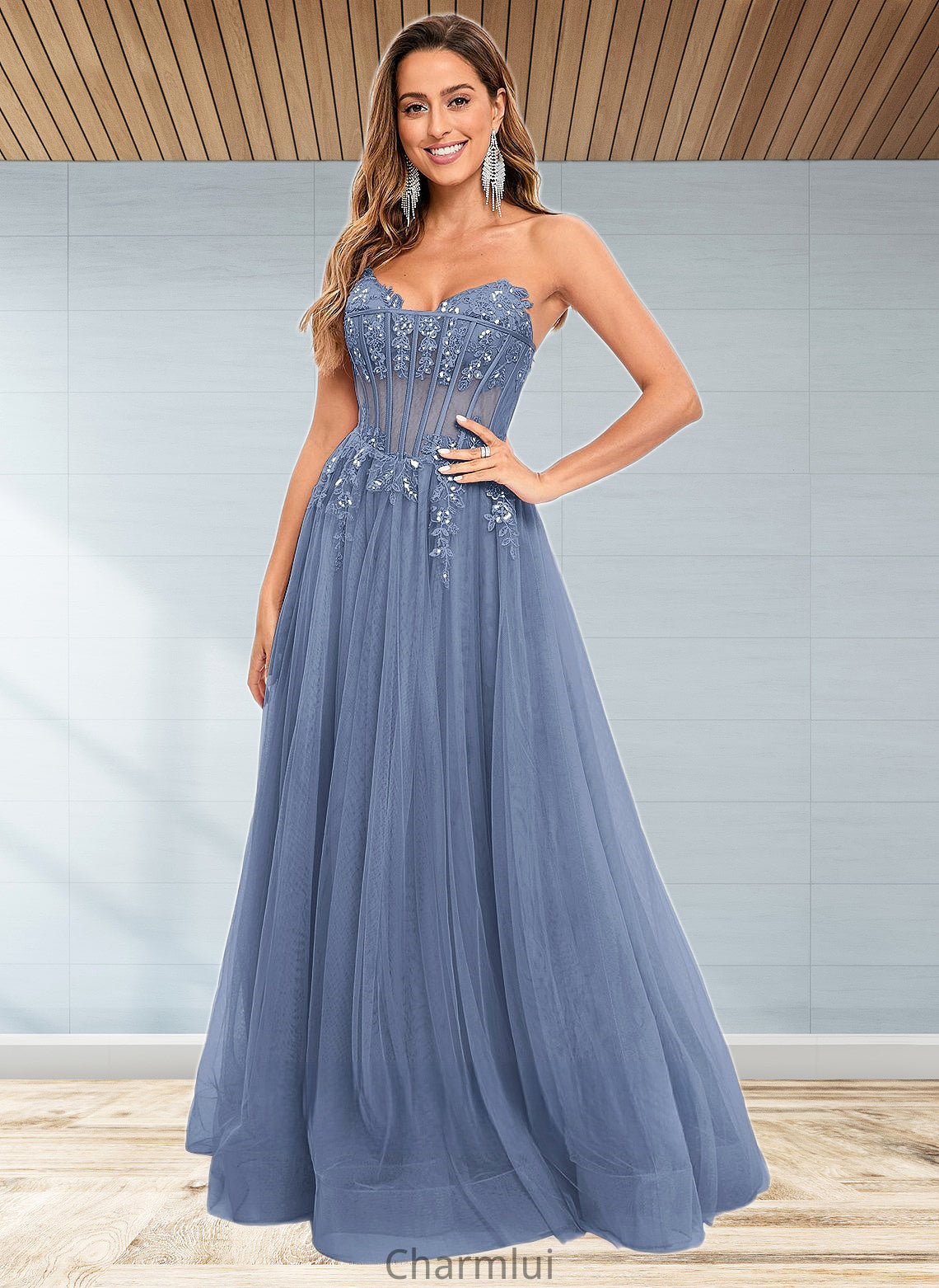 Anahi Ball-Gown/Princess V-Neck Floor-Length Tulle Prom Dresses With Sequins Appliques Lace DYP0025837