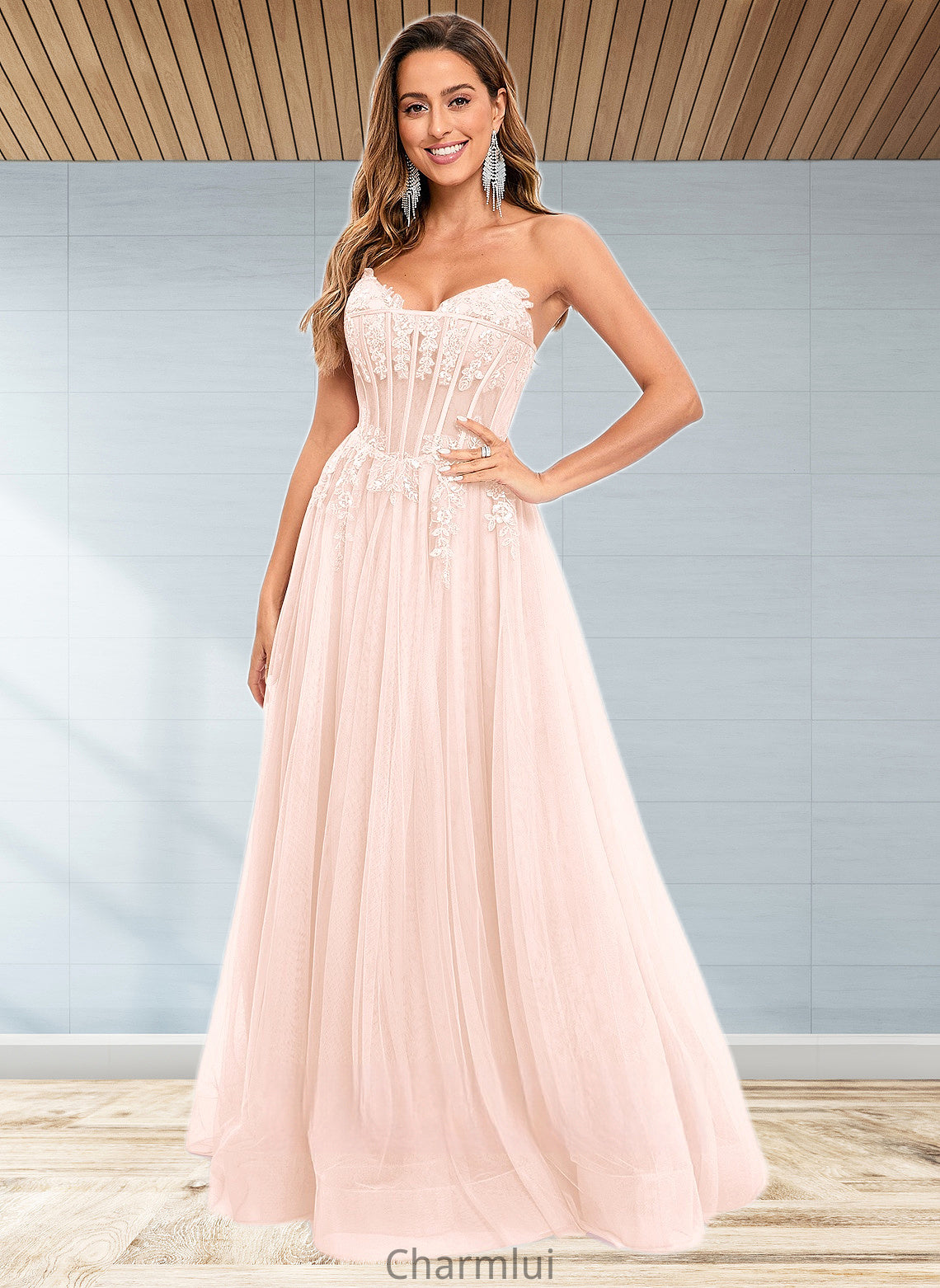 Anahi Ball-Gown/Princess V-Neck Floor-Length Tulle Prom Dresses With Sequins Appliques Lace DYP0025837