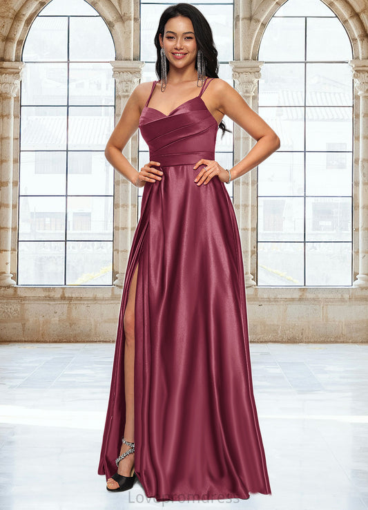 Emilia A-line V-Neck Floor-Length Satin Prom Dresses DYP0022197