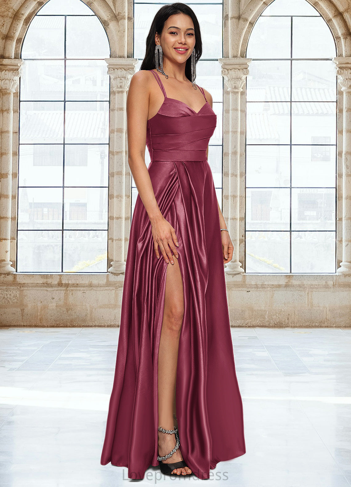 Emilia A-line V-Neck Floor-Length Satin Prom Dresses DYP0022197