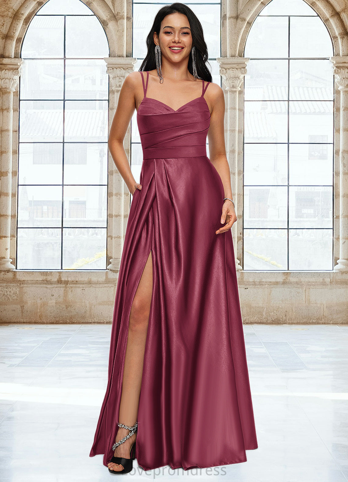 Emilia A-line V-Neck Floor-Length Satin Prom Dresses DYP0022197