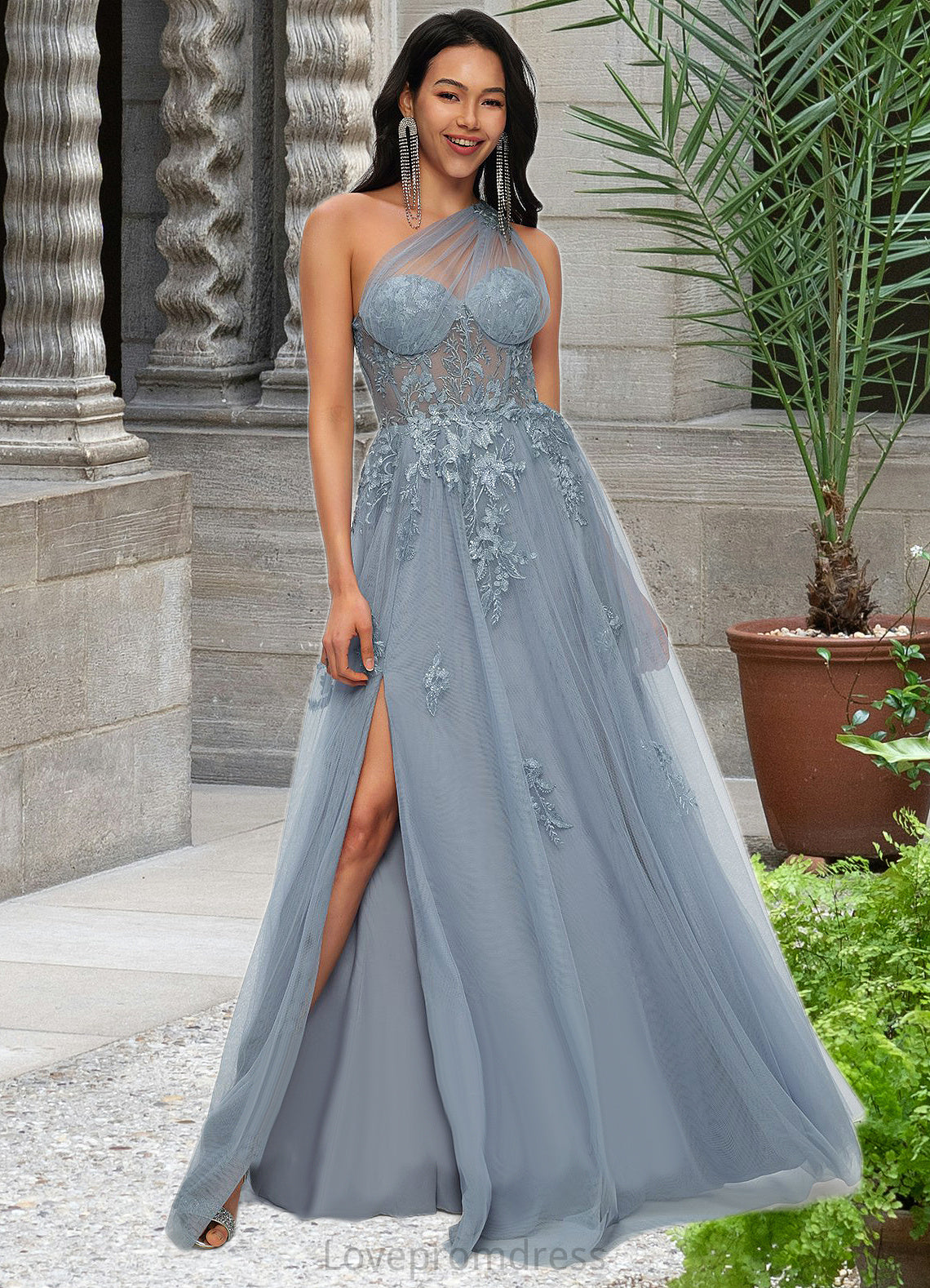 Presley A-line One Shoulder Floor-Length Tulle Prom Dresses With Appliques Lace Sequins DYP0022200