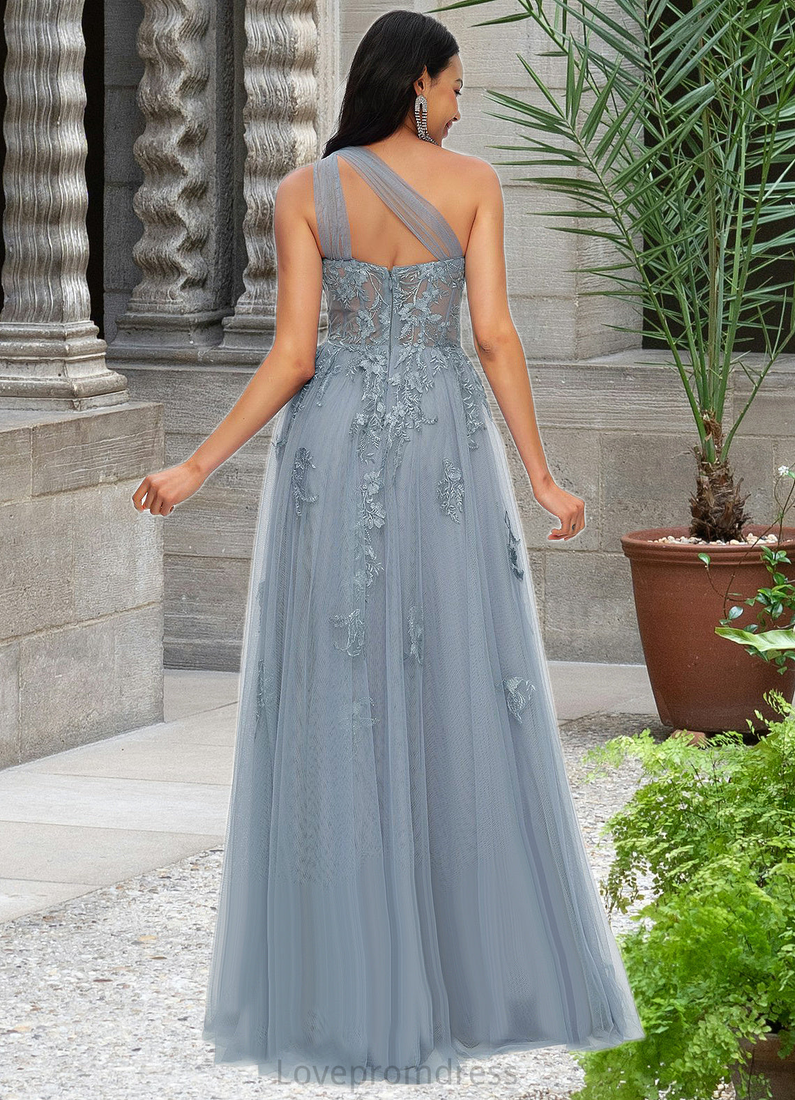 Presley A-line One Shoulder Floor-Length Tulle Prom Dresses With Appliques Lace Sequins DYP0022200